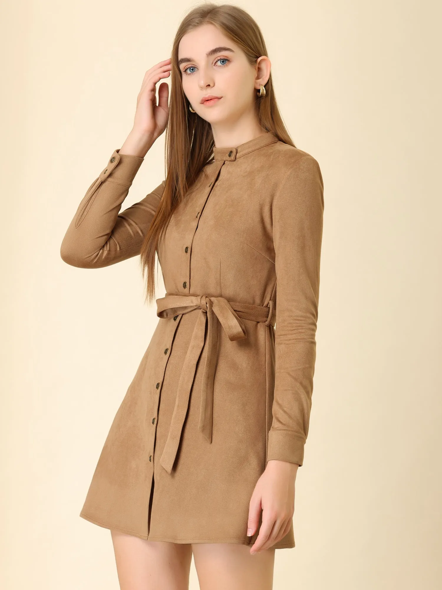 Casual Long Sleeve Faux Suede Belted Button Down Mini Dress