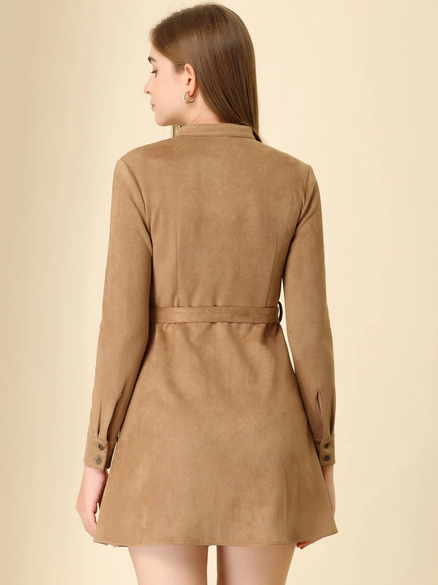 Casual Long Sleeve Faux Suede Belted Button Down Mini Dress