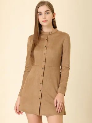 Casual Long Sleeve Faux Suede Belted Button Down Mini Dress