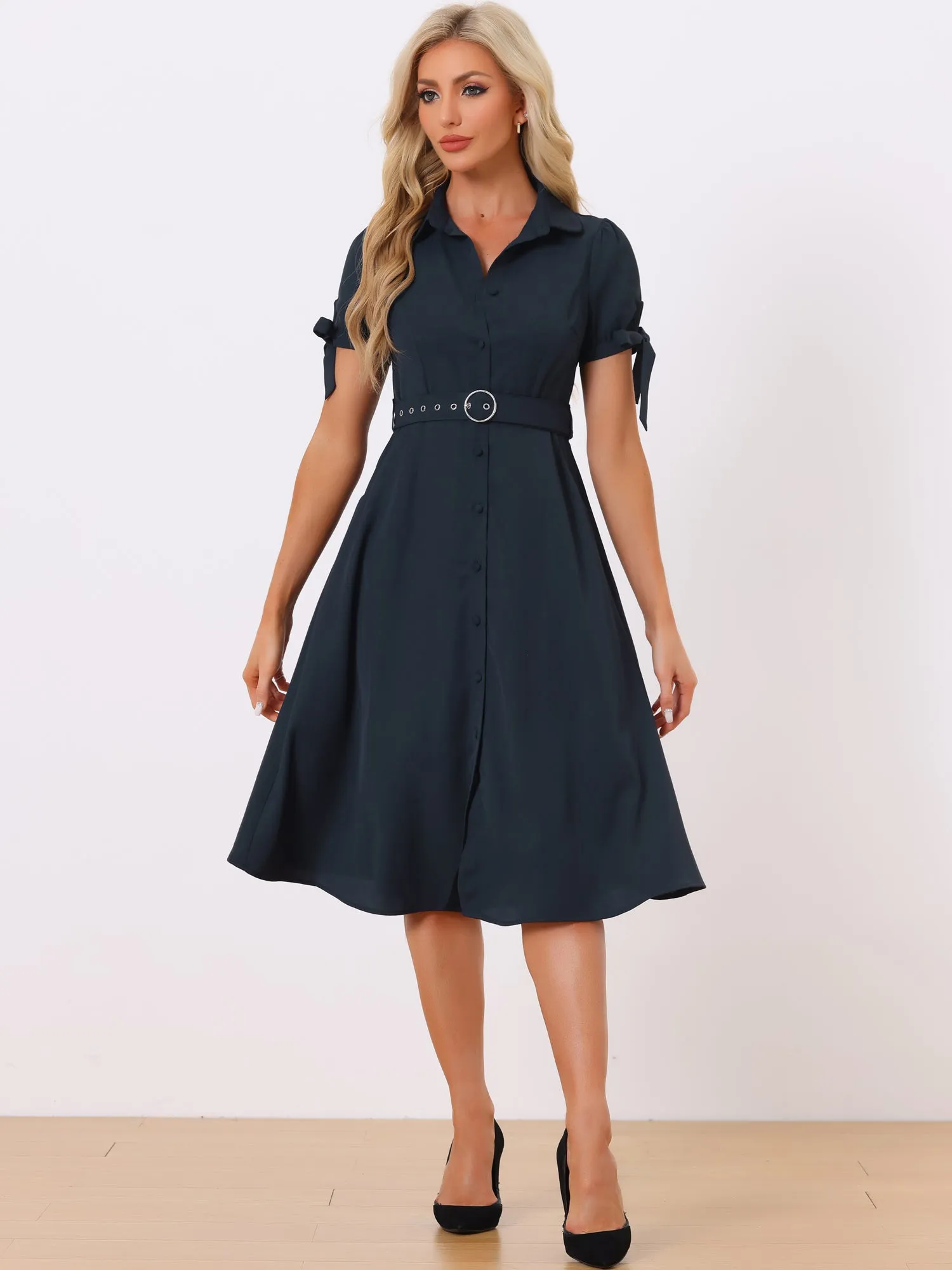 Casual Short Sleeve Pocket Belted Button Down Midi Shirt Dress