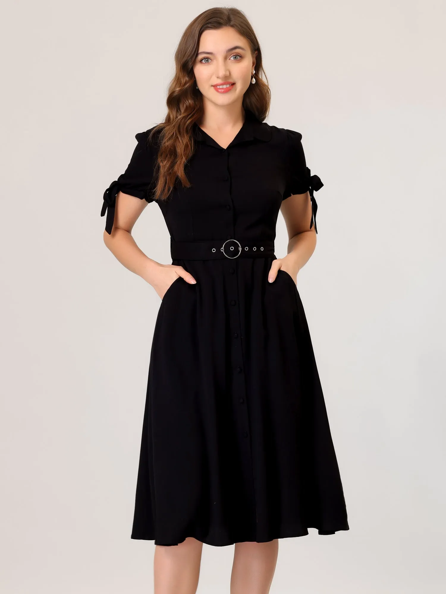 Casual Short Sleeve Pocket Belted Button Down Midi Shirt Dress
