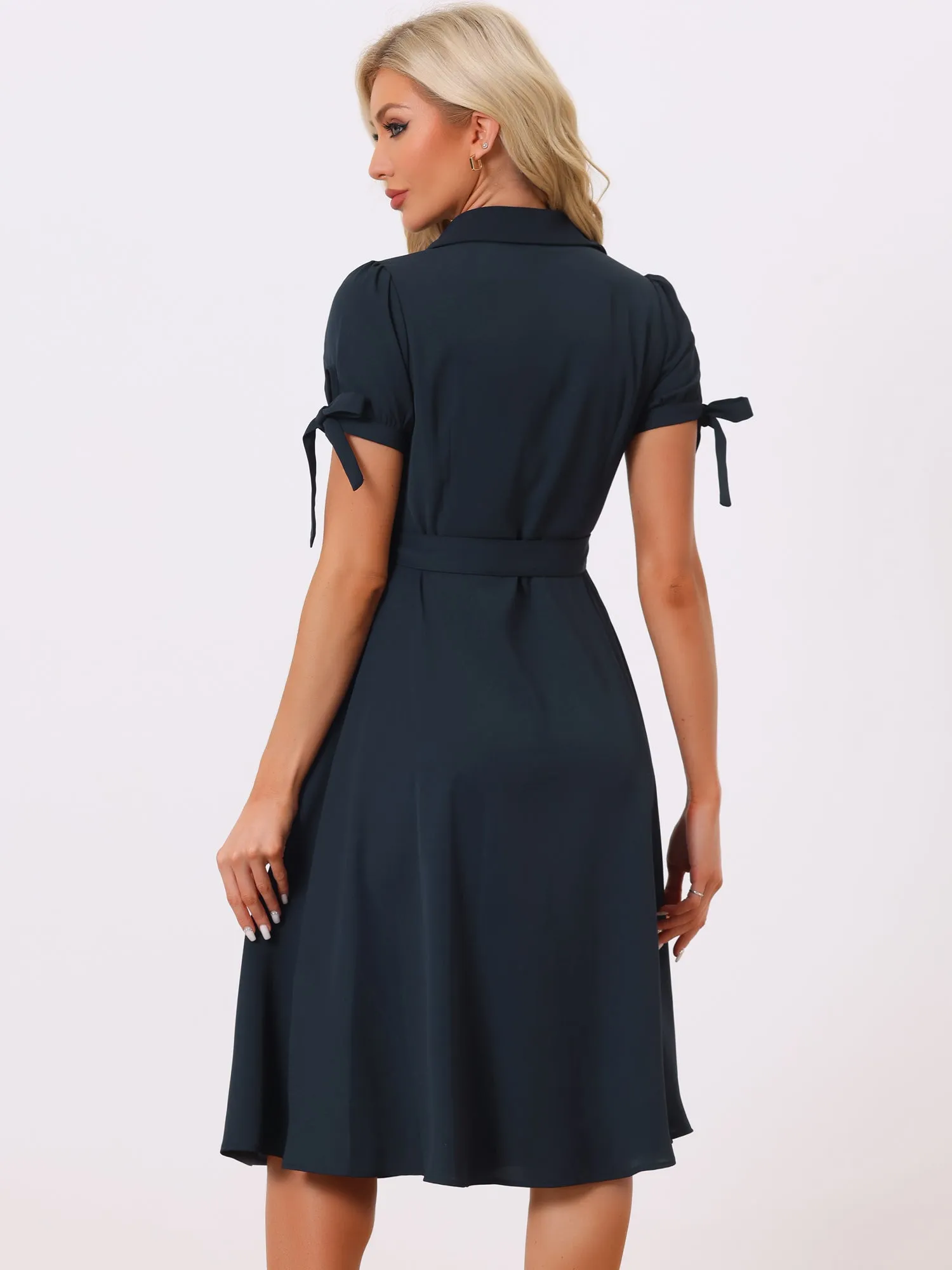 Casual Short Sleeve Pocket Belted Button Down Midi Shirt Dress