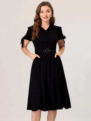 Casual Short Sleeve Pocket Belted Button Down Midi Shirt Dress
