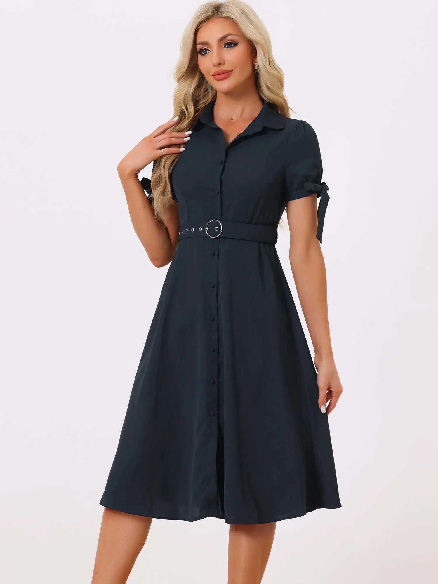 Casual Short Sleeve Pocket Belted Button Down Midi Shirt Dress