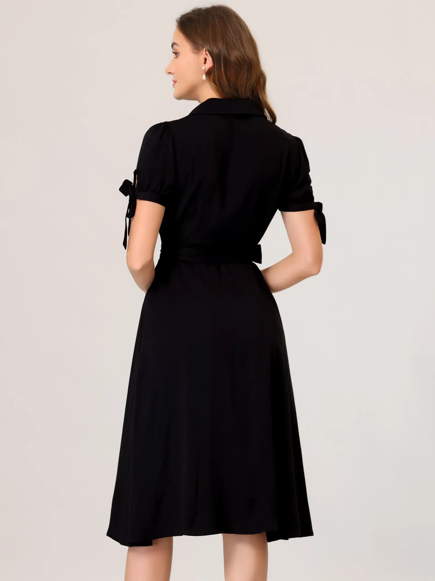 Casual Short Sleeve Pocket Belted Button Down Midi Shirt Dress