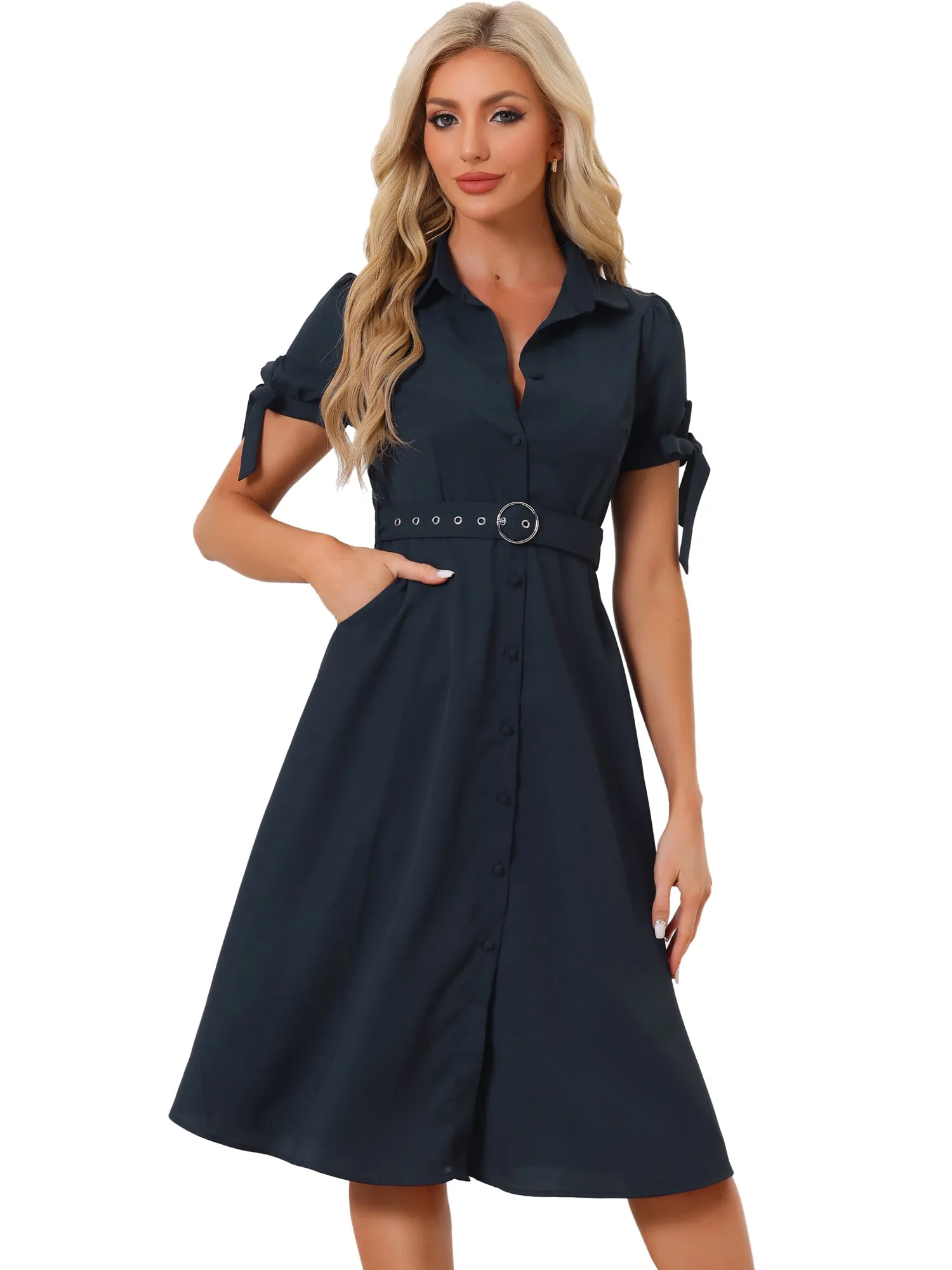 Casual Short Sleeve Pocket Belted Button Down Midi Shirt Dress