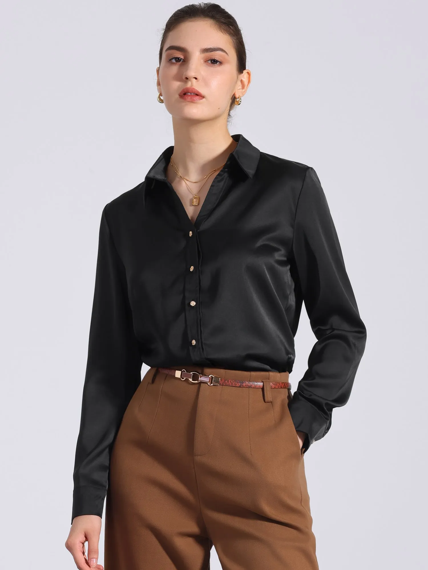 Collar Satin Button Down Long Sleeve Work Office Shirt