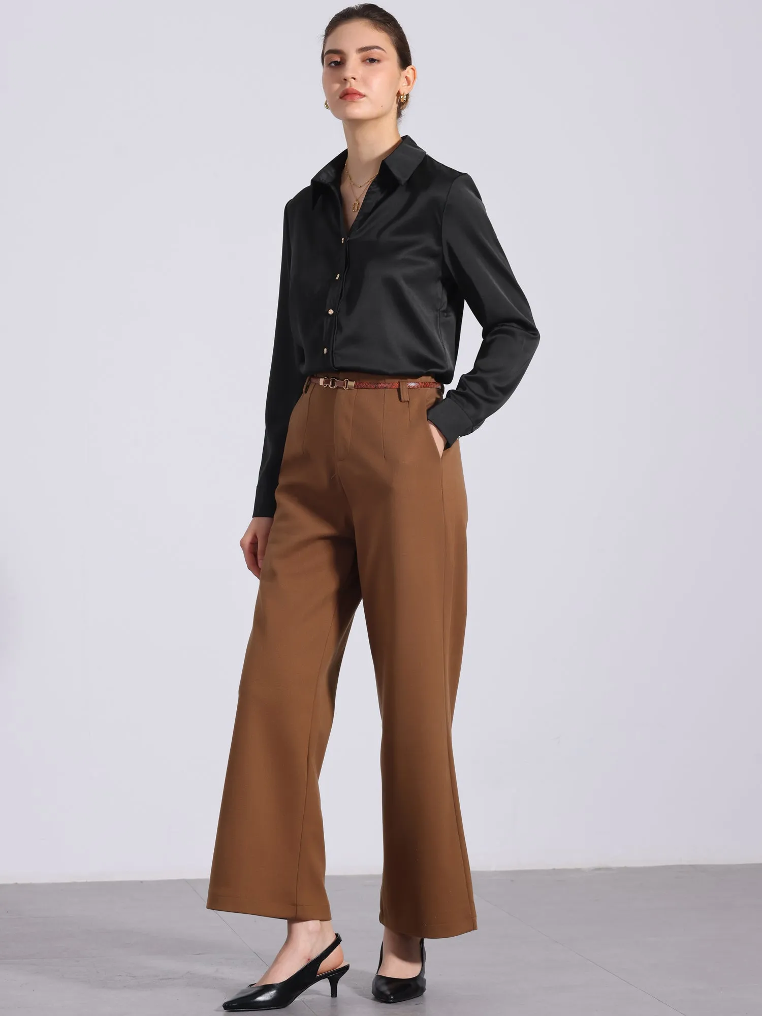 Collar Satin Button Down Long Sleeve Work Office Shirt