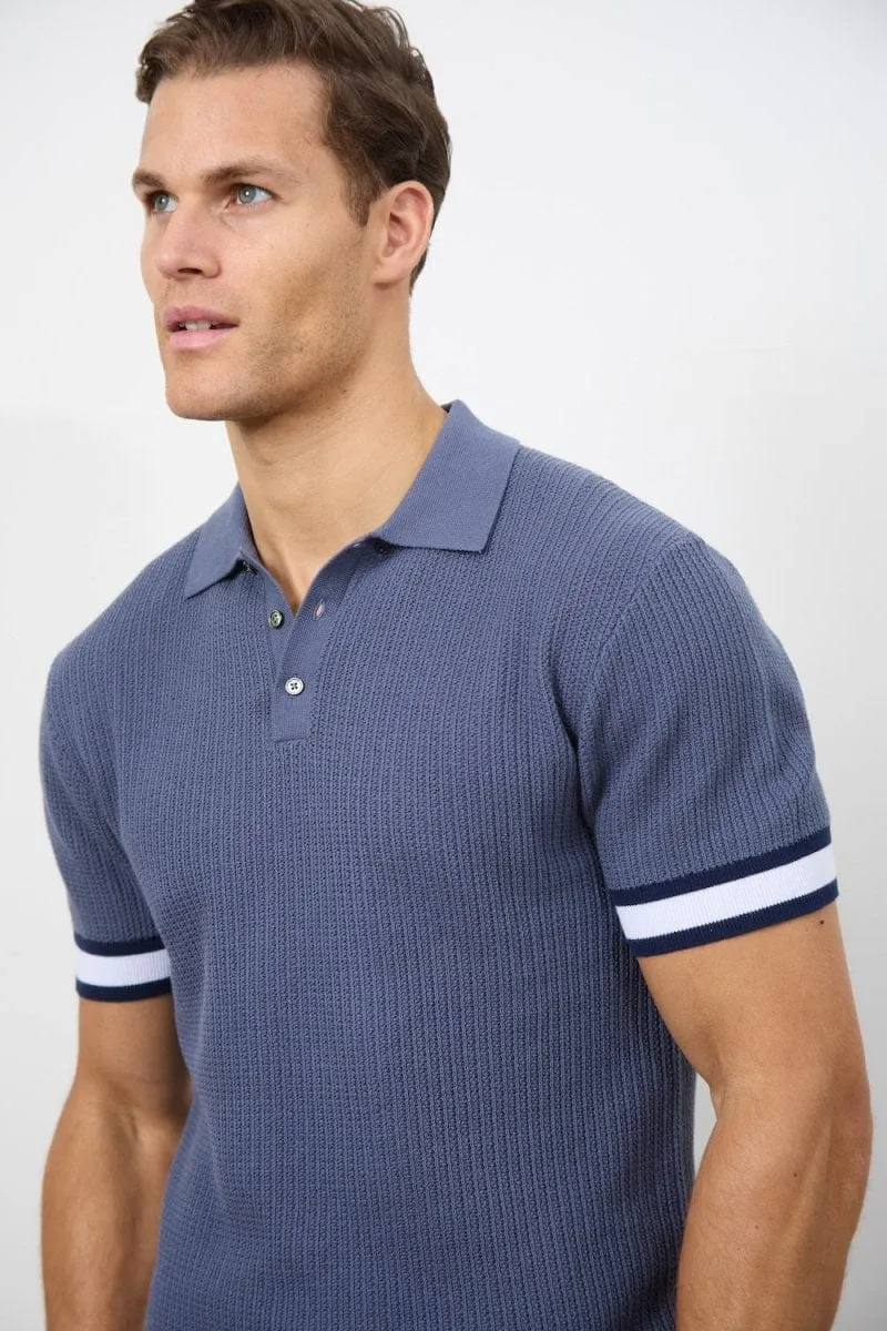 Colour Block Tipped Knitted Polo Shirt in Slate Blue