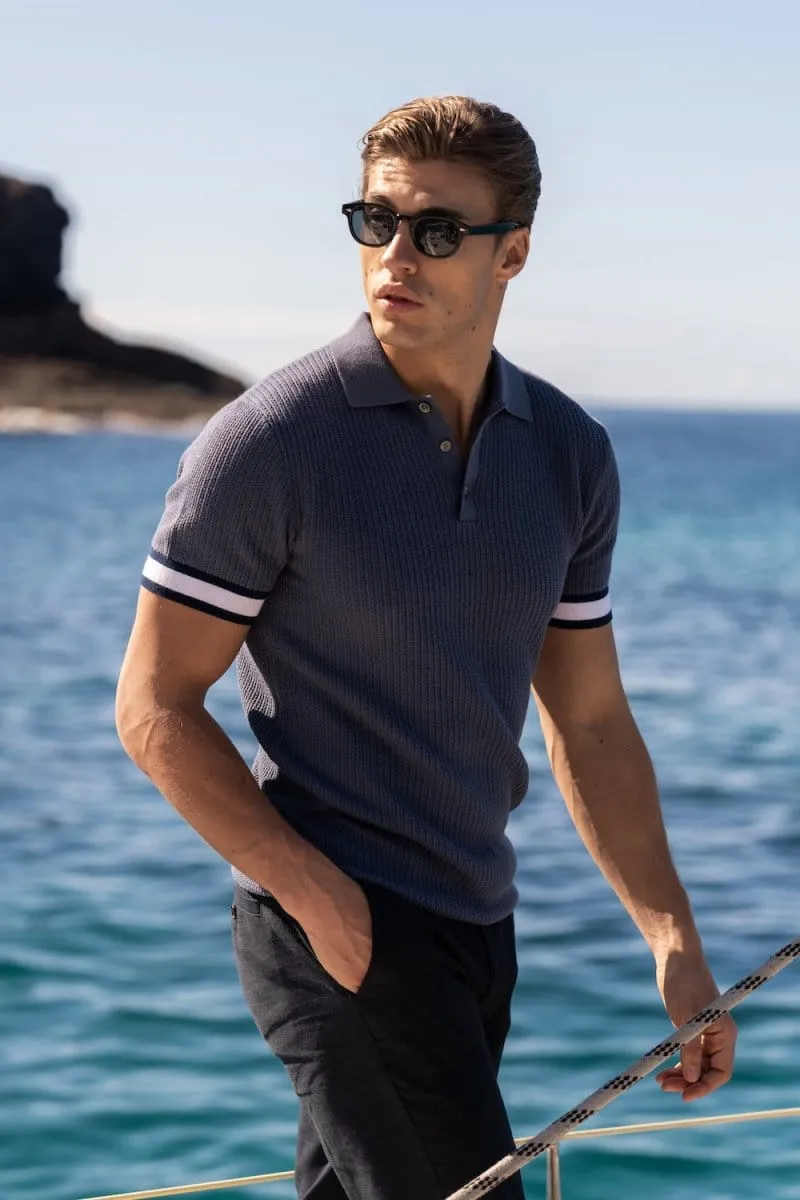 Colour Block Tipped Knitted Polo Shirt in Slate Blue