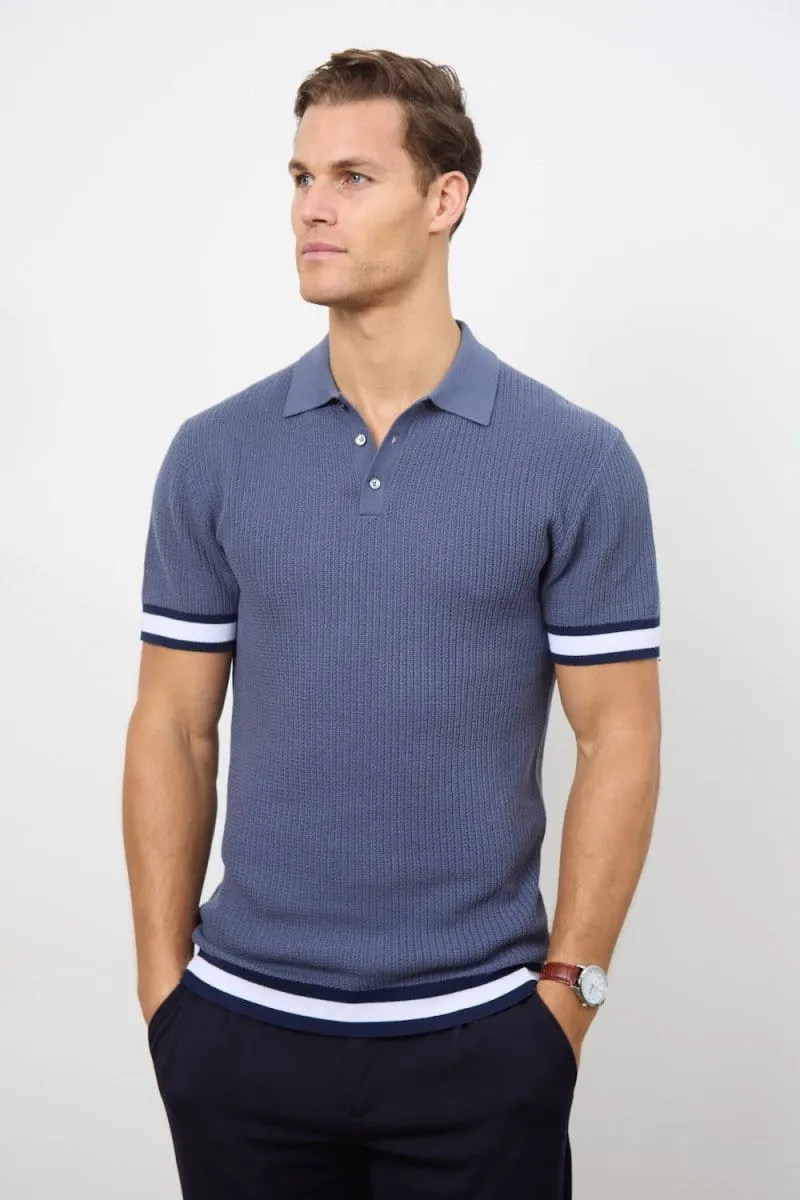 Colour Block Tipped Knitted Polo Shirt in Slate Blue