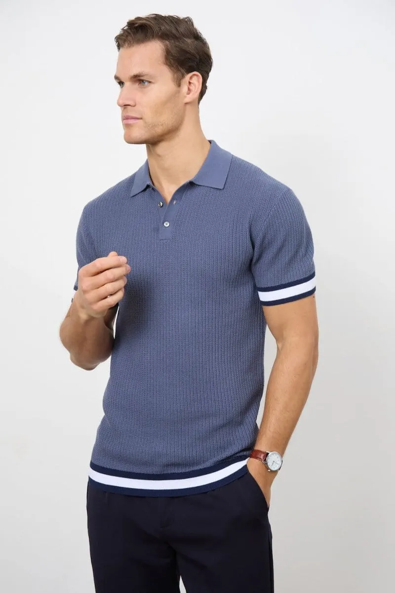 Colour Block Tipped Knitted Polo Shirt in Slate Blue