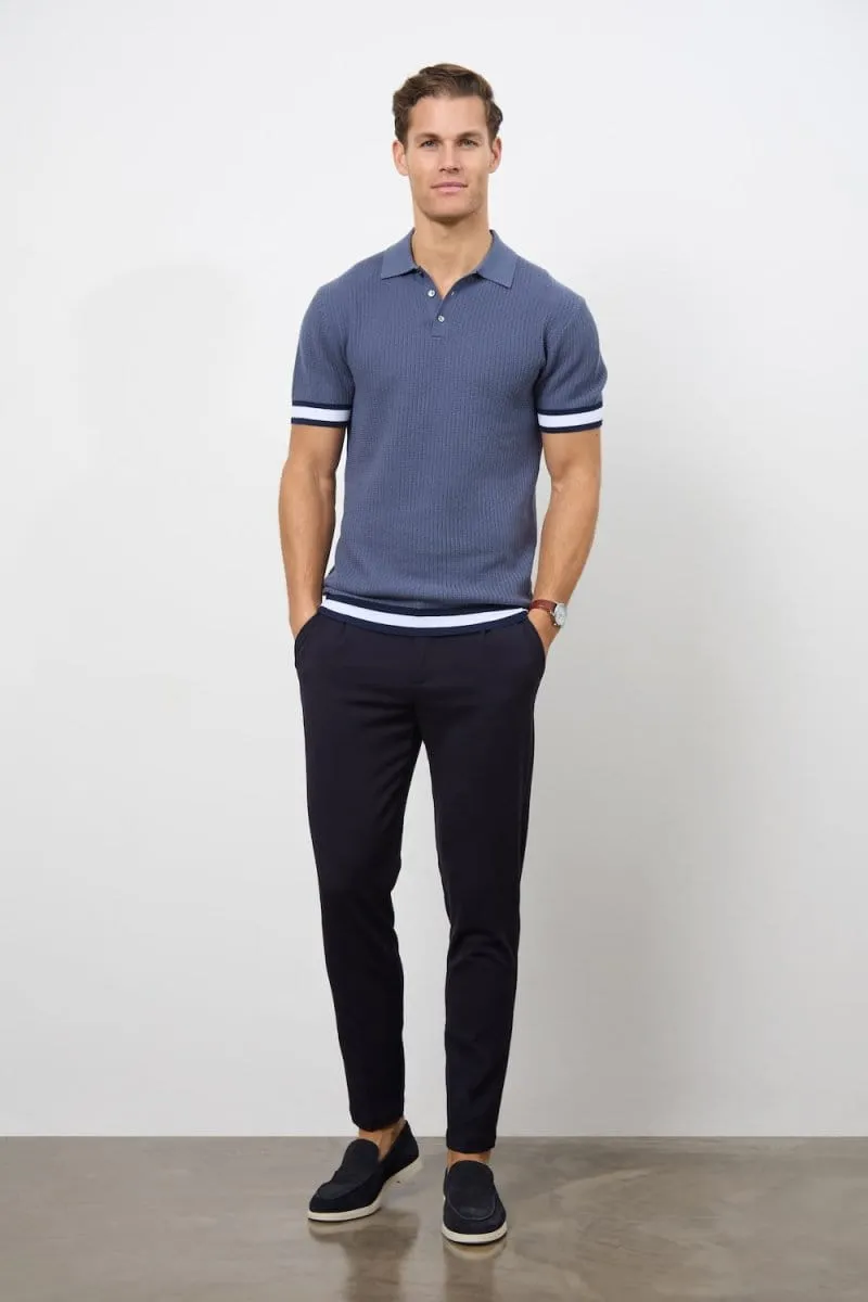 Colour Block Tipped Knitted Polo Shirt in Slate Blue