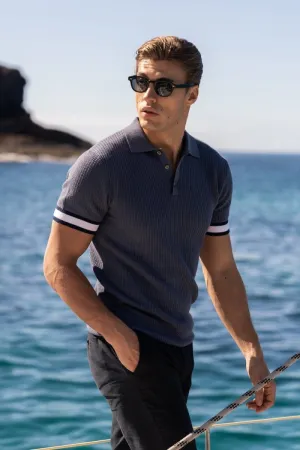 Colour Block Tipped Knitted Polo Shirt in Slate Blue