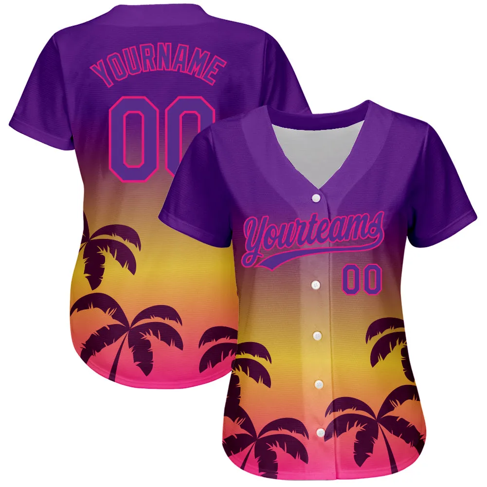 Custom Purple Hot Pink 3D Pattern Design Hawaii Palm Trees Authentic Baseball Jersey