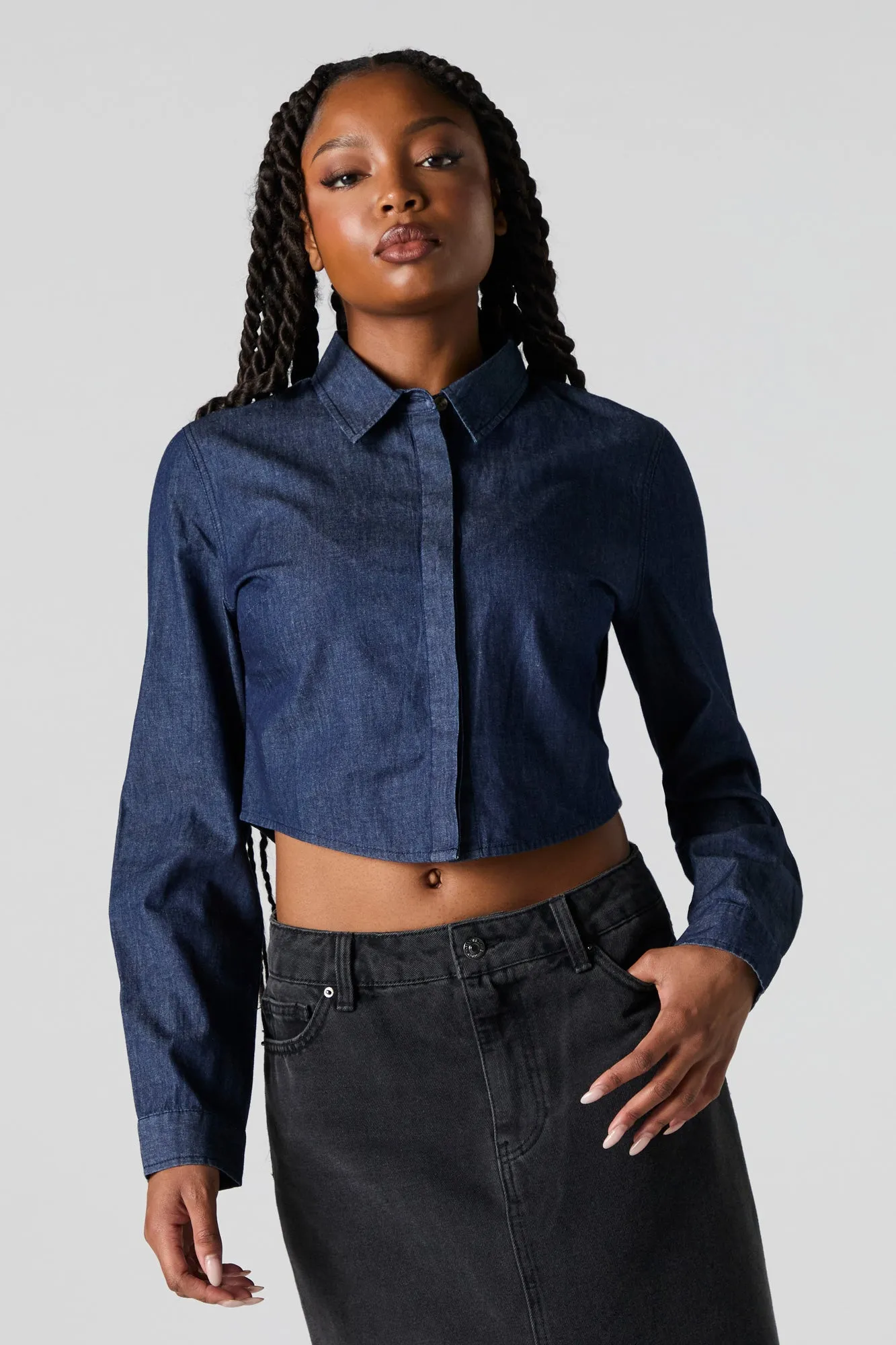 Denim Cropped Button-Up Top