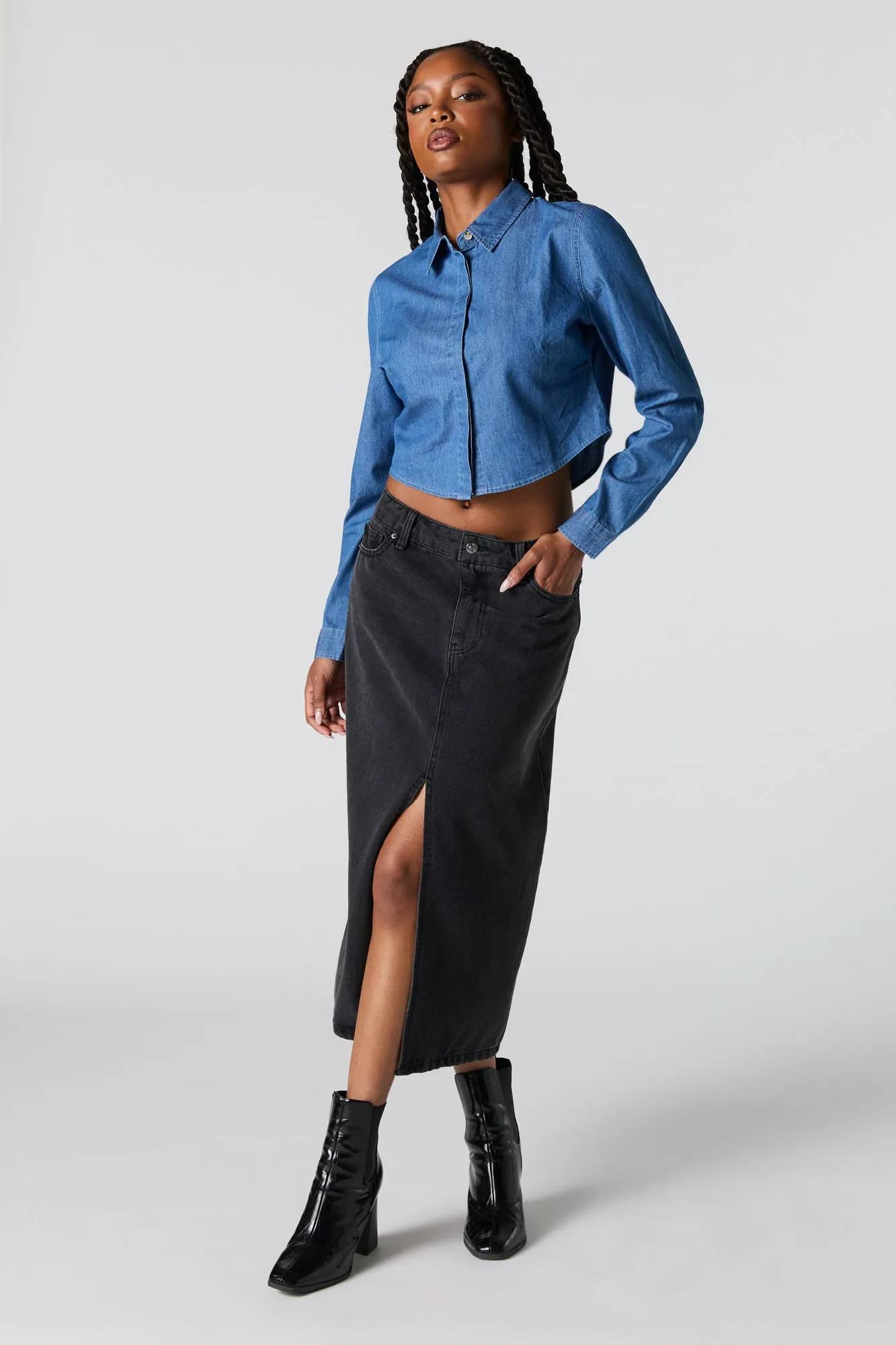 Denim Cropped Button-Up Top