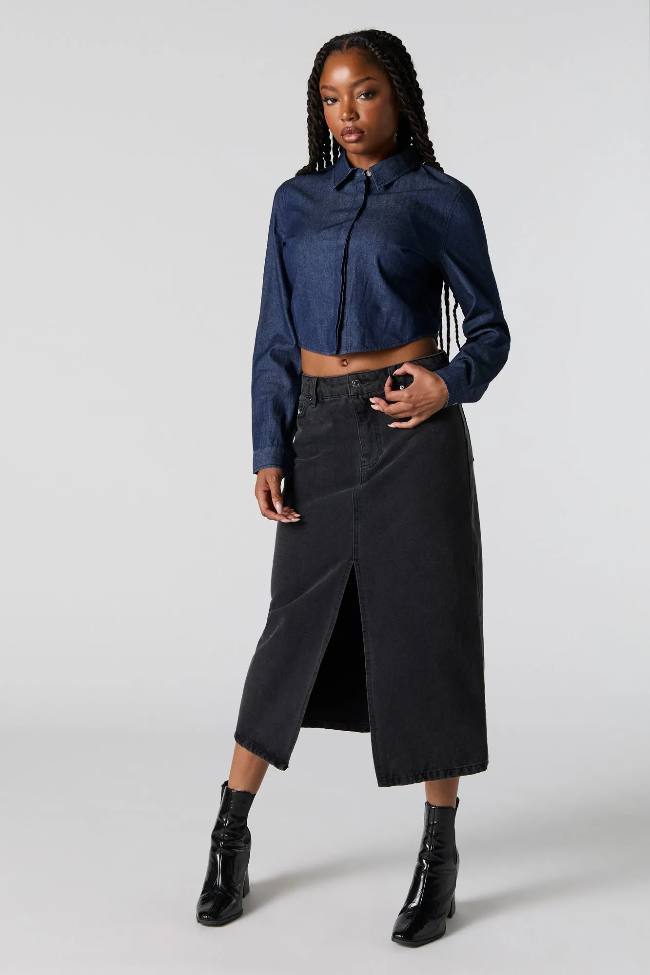 Denim Cropped Button-Up Top