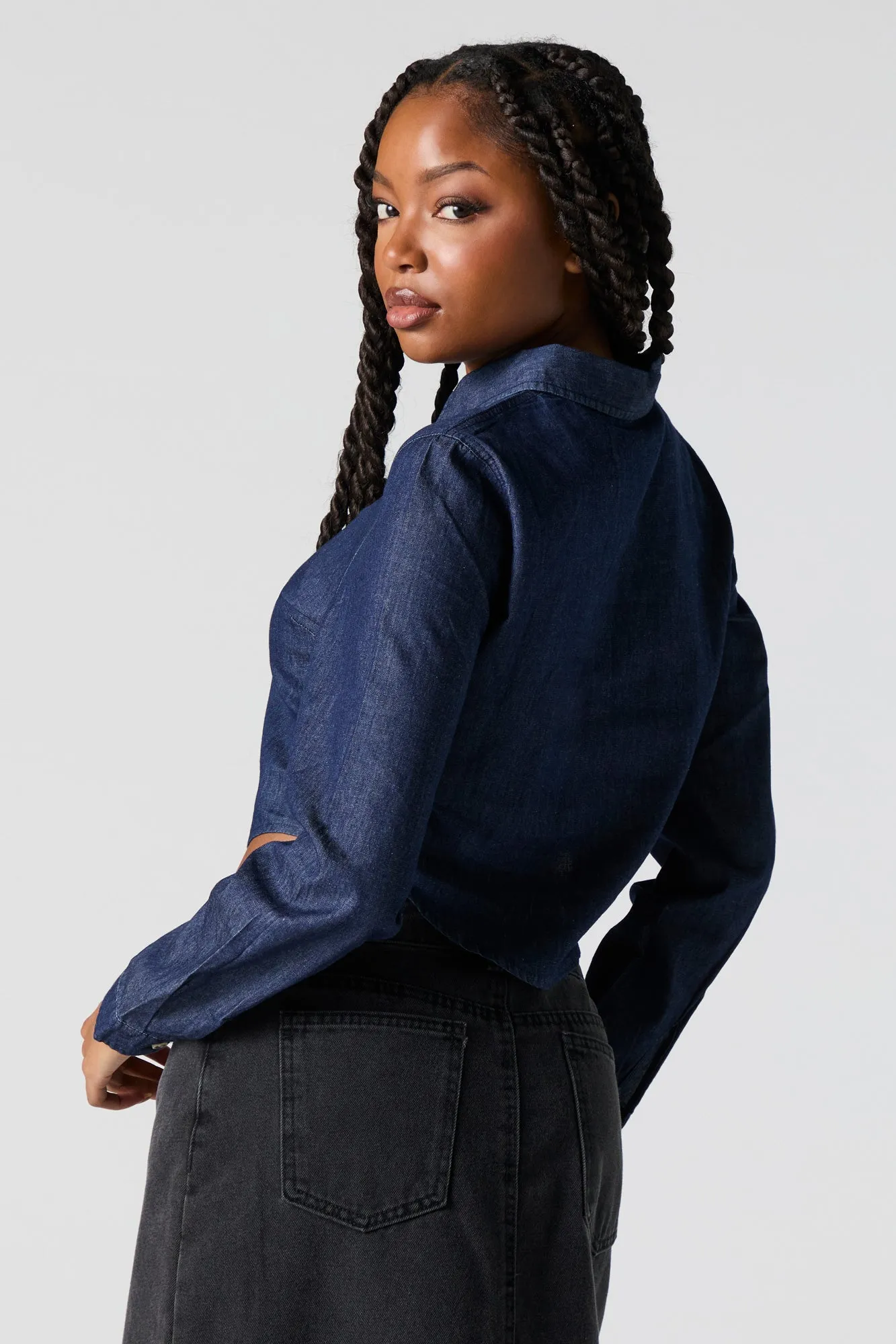 Denim Cropped Button-Up Top