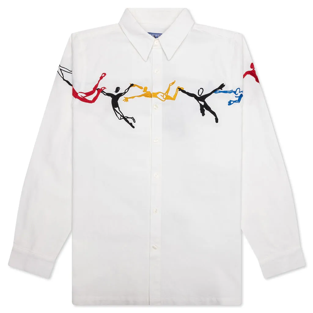 Embroidered Figures Button Up - White