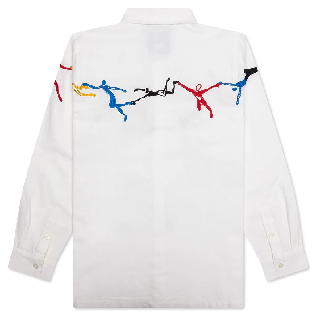 Embroidered Figures Button Up - White