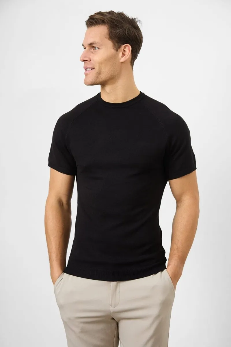 Fine Gauge Knitted T-Shirt in Black