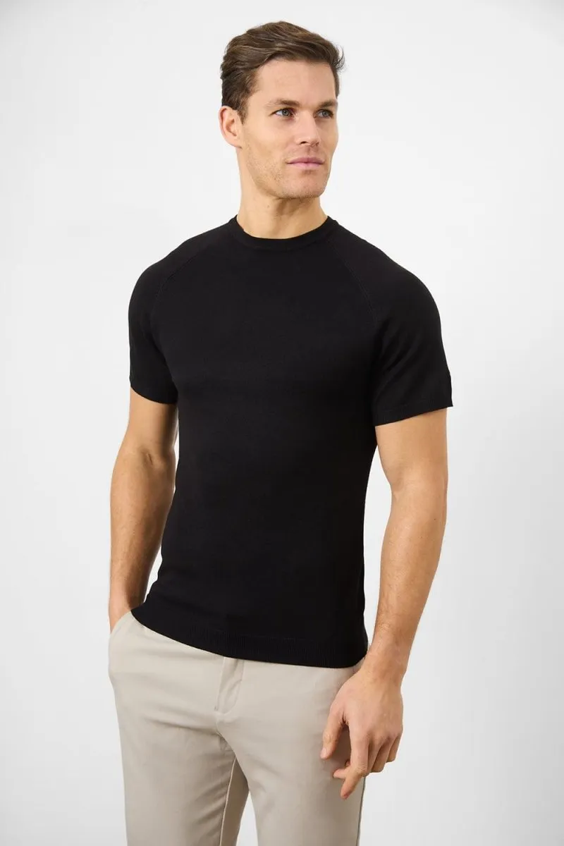 Fine Gauge Knitted T-Shirt in Black