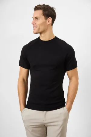 Fine Gauge Knitted T-Shirt in Black