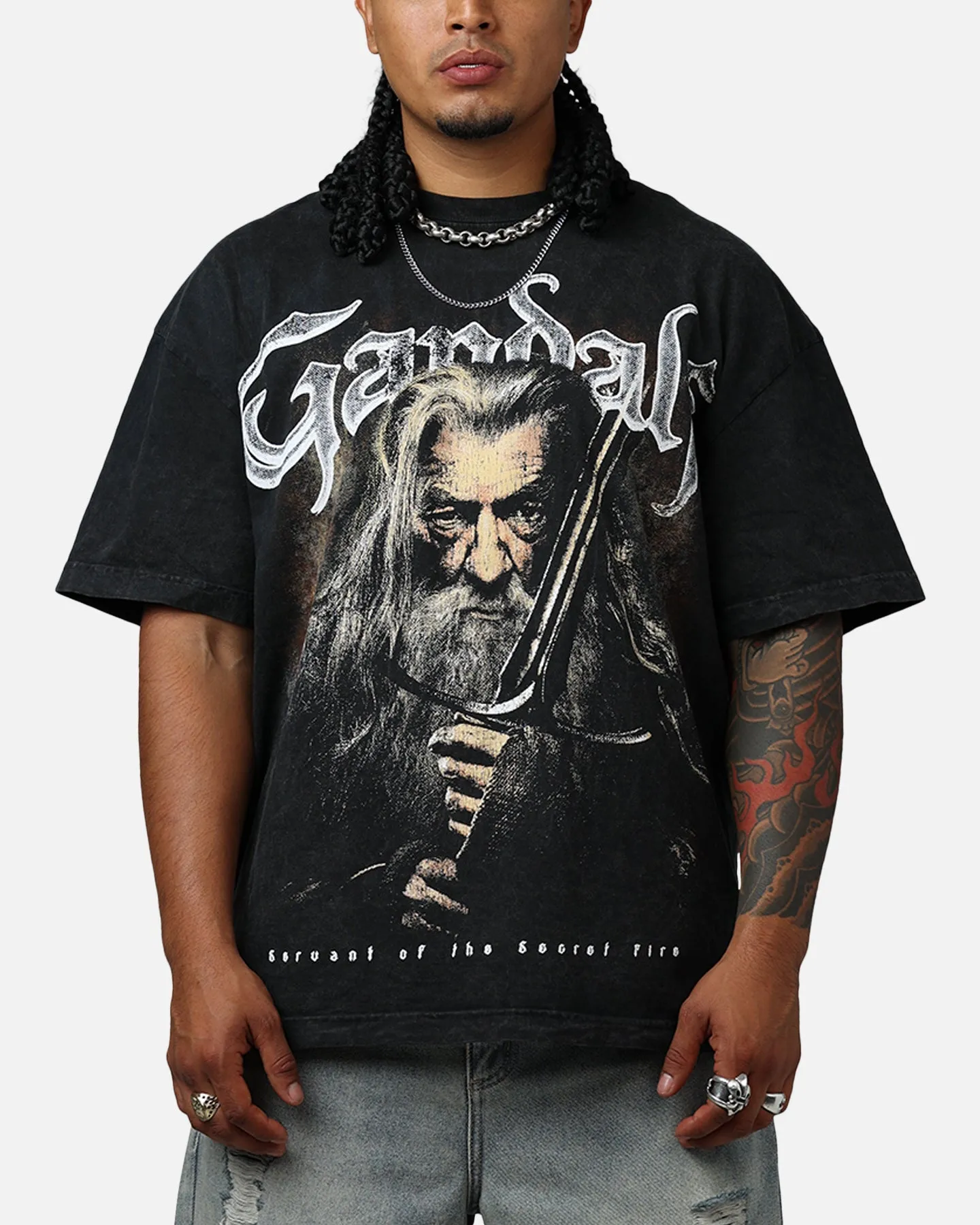 Goat Crew X Lord Of The Rings Gandalf Fire Vintage T-Shirt Black Acidwash