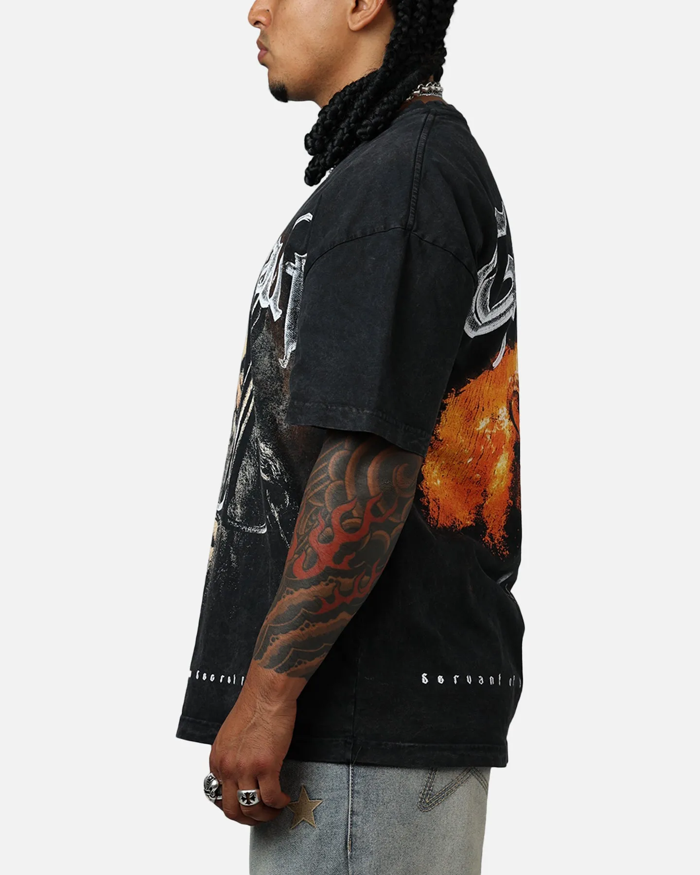 Goat Crew X Lord Of The Rings Gandalf Fire Vintage T-Shirt Black Acidwash