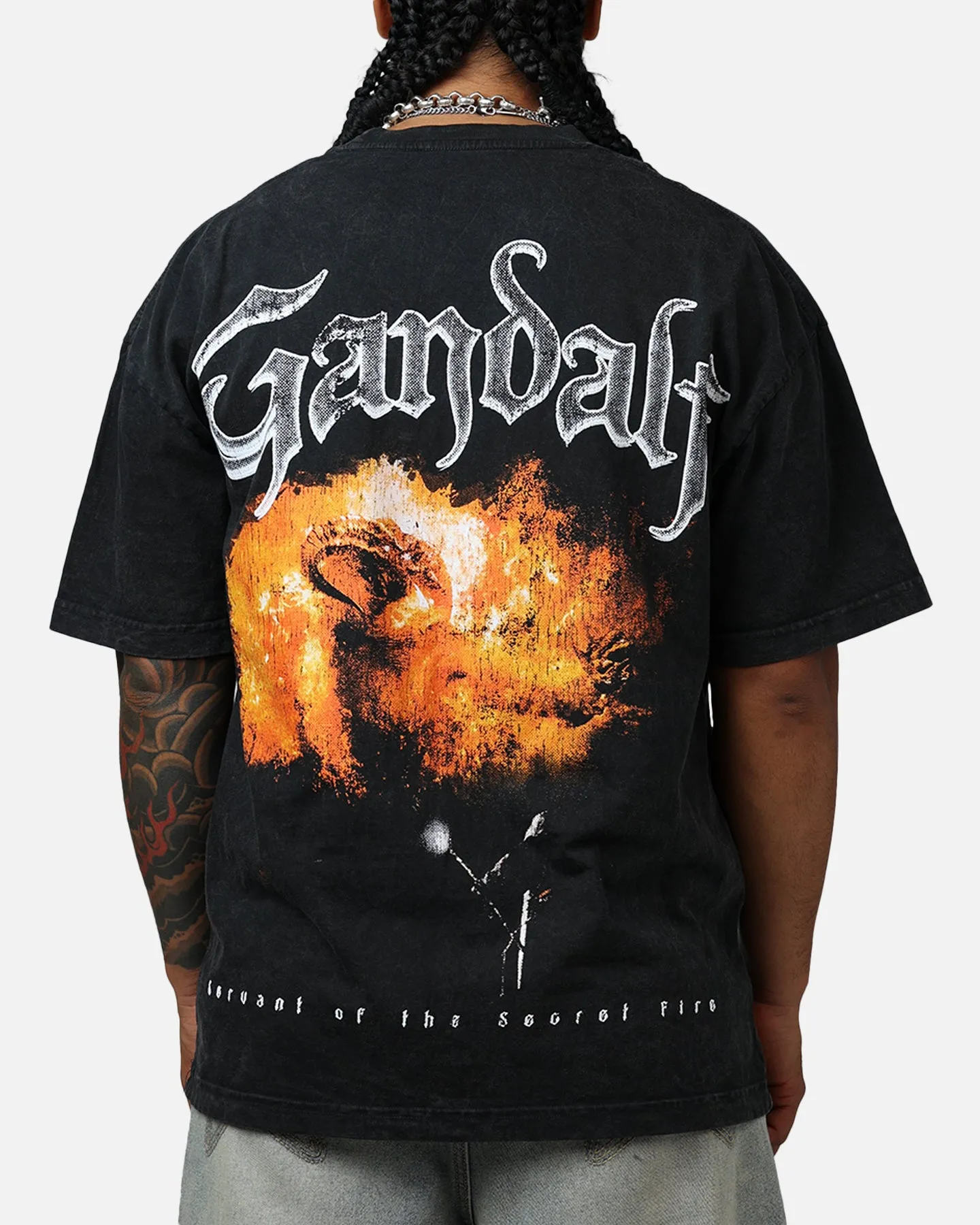 Goat Crew X Lord Of The Rings Gandalf Fire Vintage T-Shirt Black Acidwash
