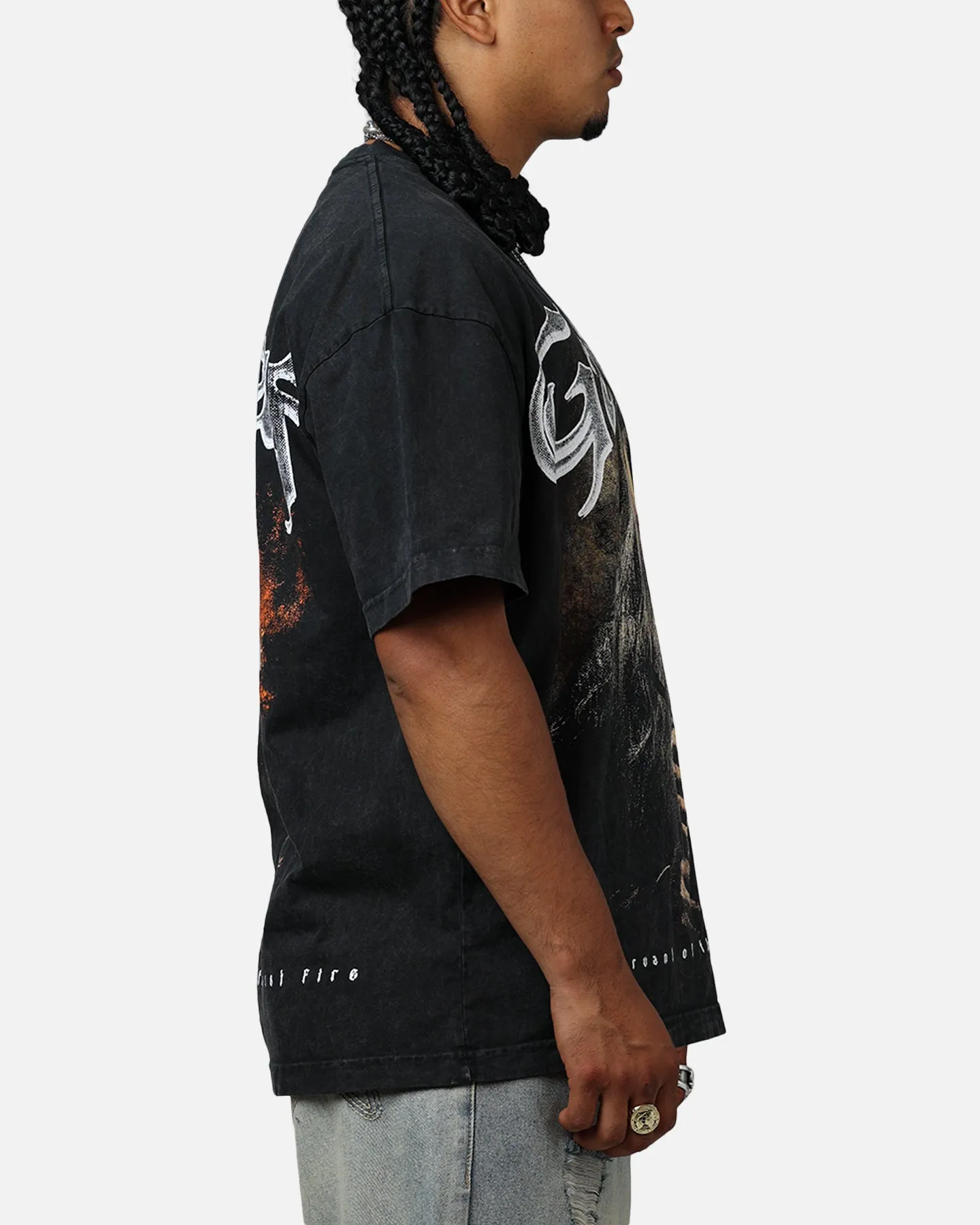 Goat Crew X Lord Of The Rings Gandalf Fire Vintage T-Shirt Black Acidwash