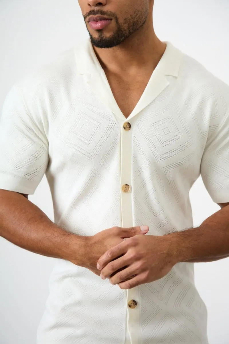 Jacquard Revere Collar Knitted Shirt in Ecru