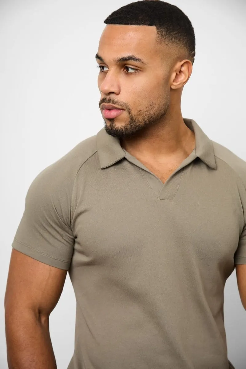 Knit Look Open Collar Polo Shirt in Khaki