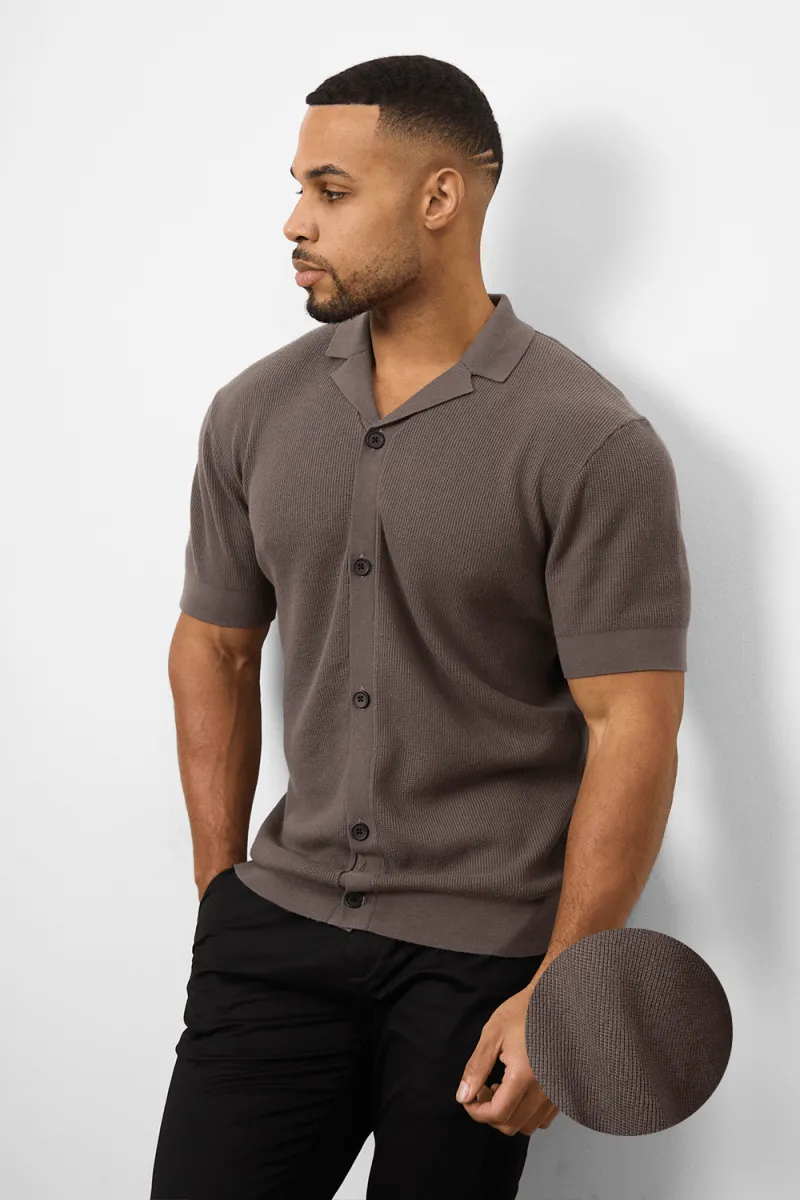 Knitted Cuban Collar Shirt in Dark Mole