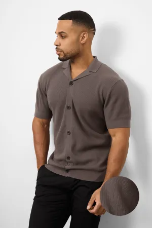 Knitted Cuban Collar Shirt in Dark Mole