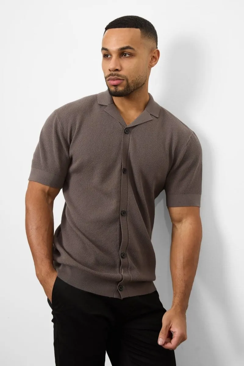 Knitted Cuban Collar Shirt in Dark Mole