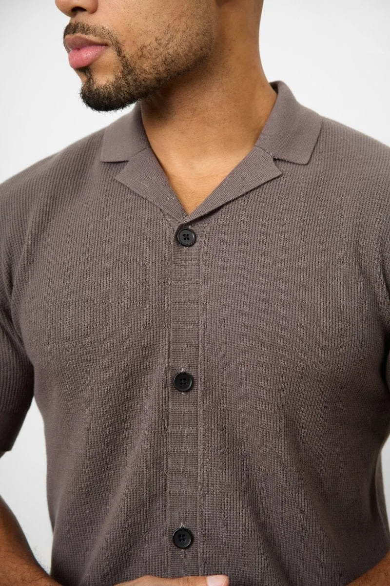Knitted Cuban Collar Shirt in Dark Mole