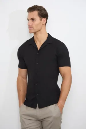 Linen Blend Cuban Collar Shirt in Black