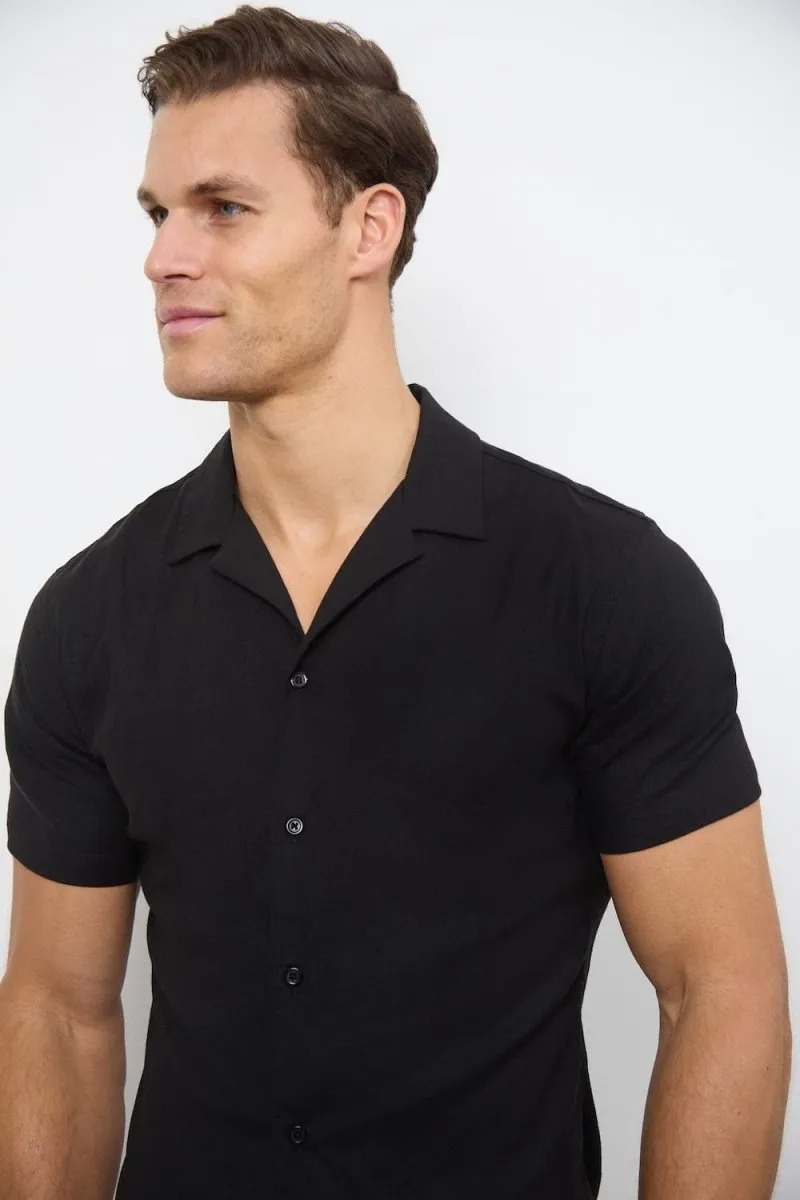 Linen Blend Cuban Collar Shirt in Black