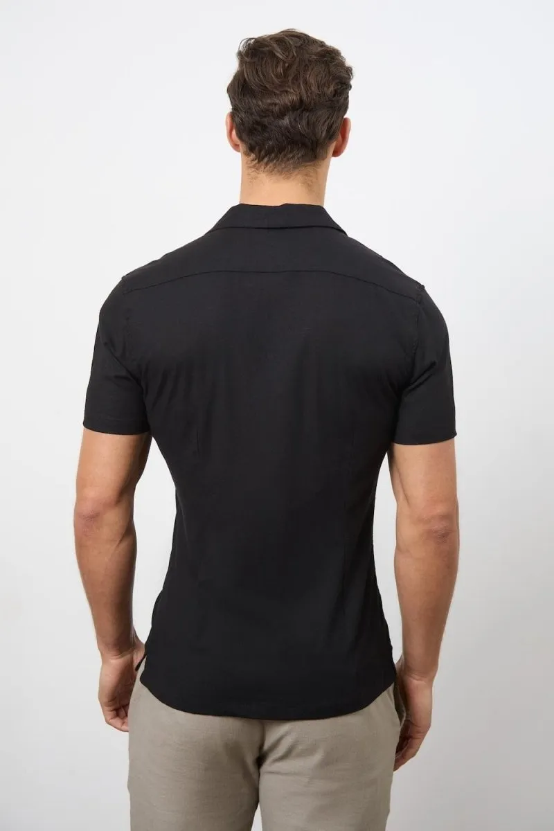 Linen Blend Cuban Collar Shirt in Black