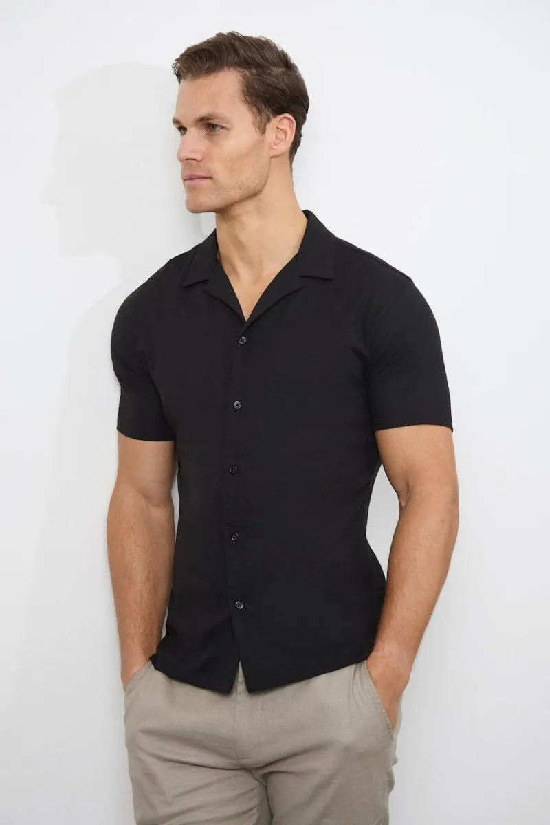 Linen Blend Cuban Collar Shirt in Black