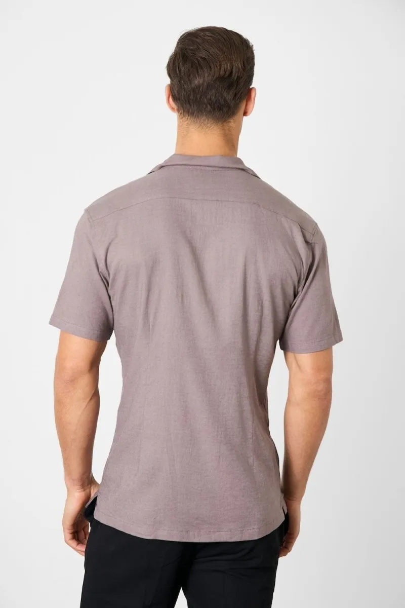 Linen Blend Cuban Collar Shirt in Truffle