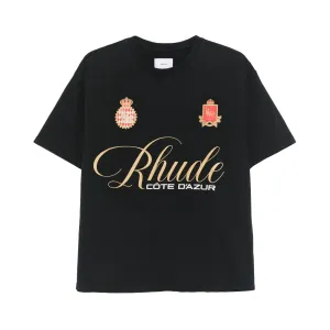 R H U D E Script Crest T-Shirt Vtg Black