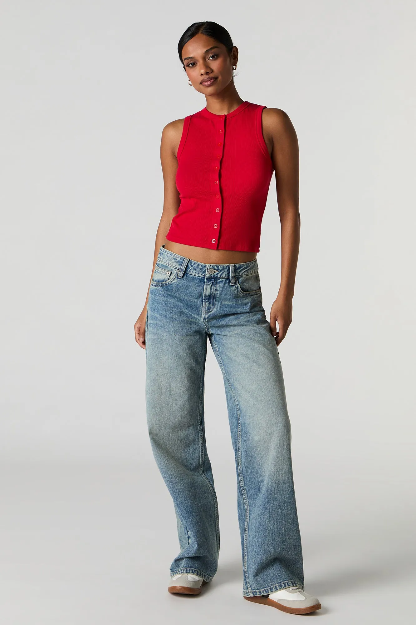 Ribbed Button Front Tank