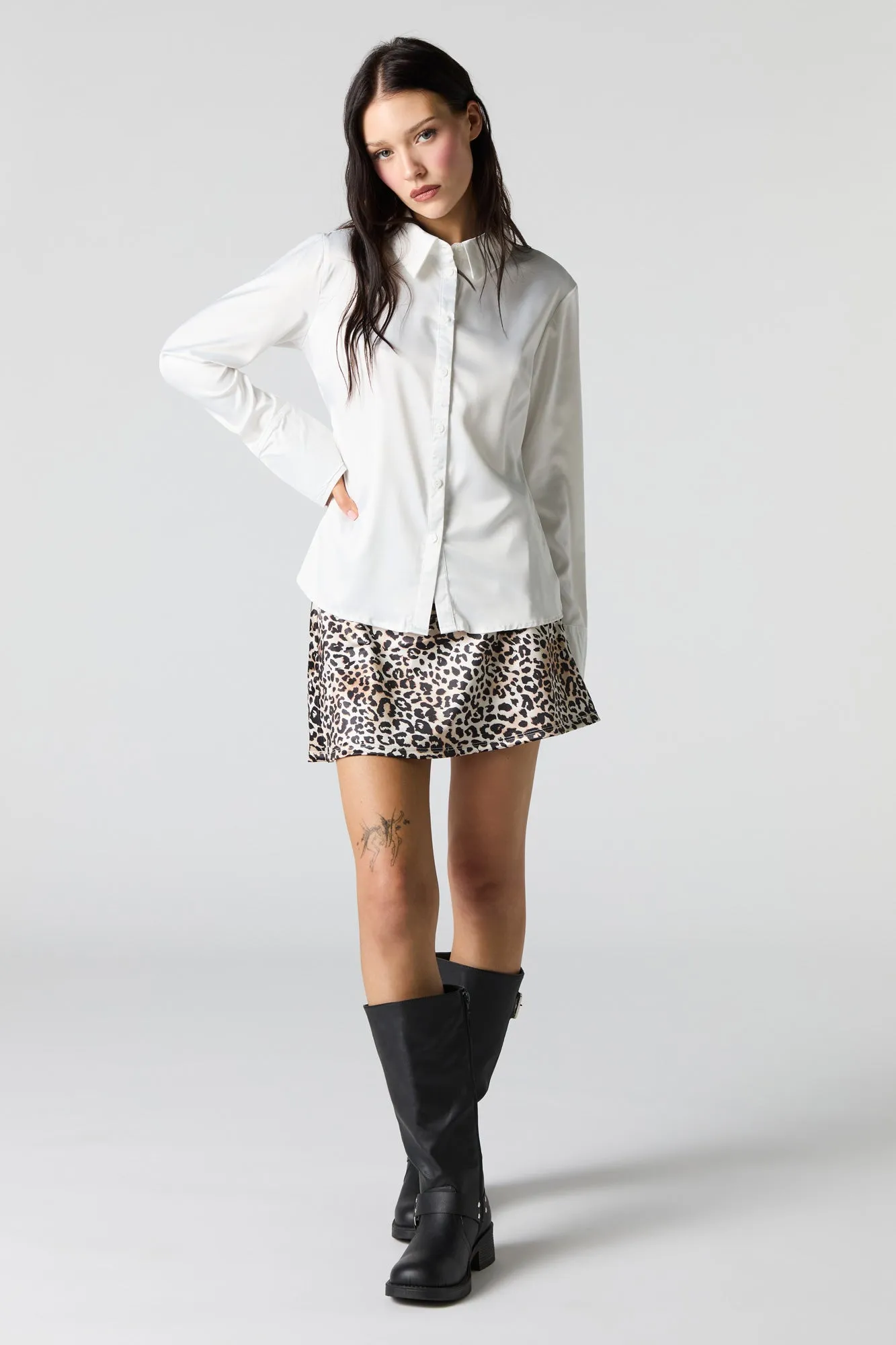 Satin Button-Up Collared Shirt