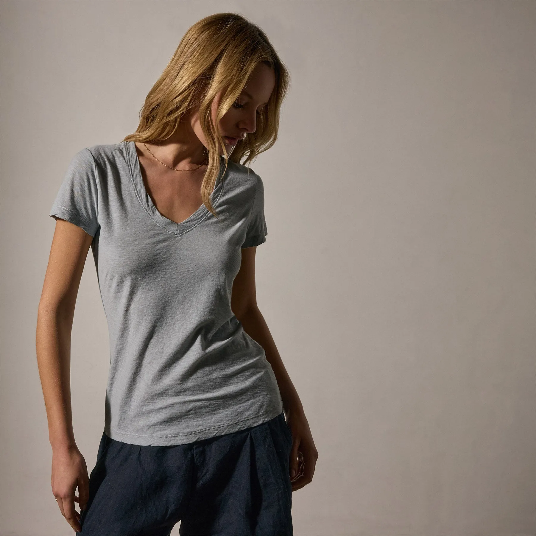 Sheer Slub Casual V Neck - Grey Sky