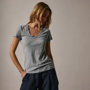 Sheer Slub Casual V Neck - Grey Sky