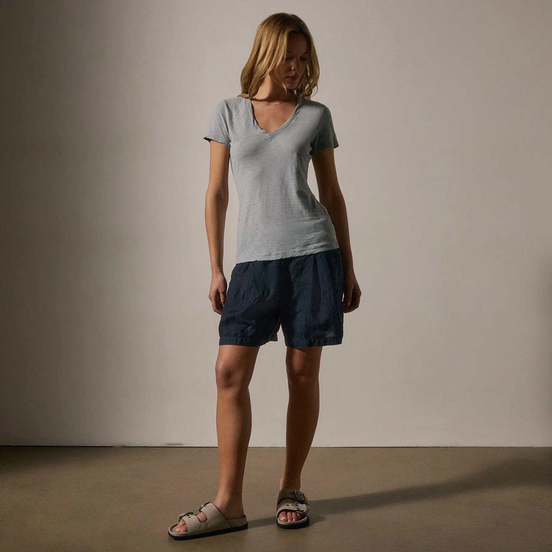 Sheer Slub Casual V Neck - Grey Sky