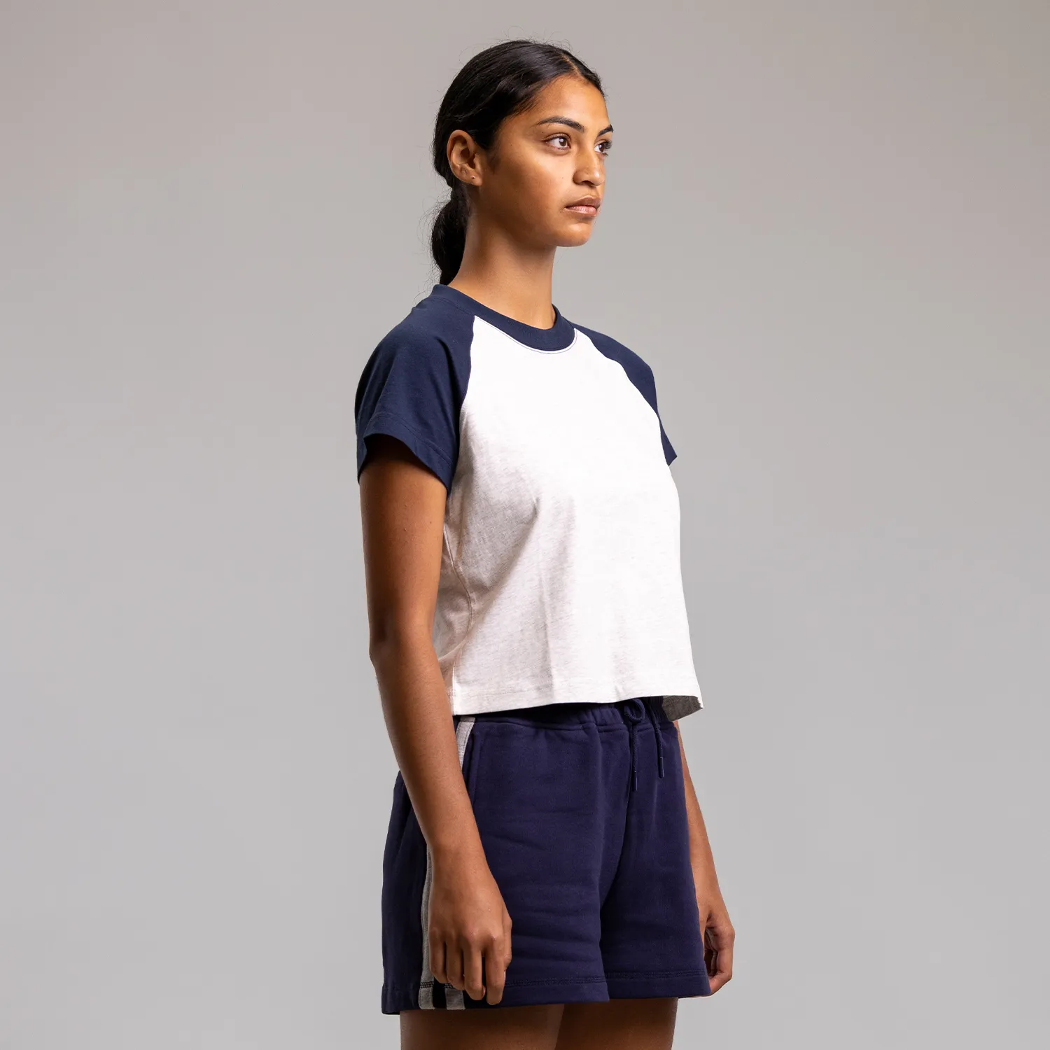 Unscripted Raglan Cropped Tee Womens WHITE MARLE/NAVY